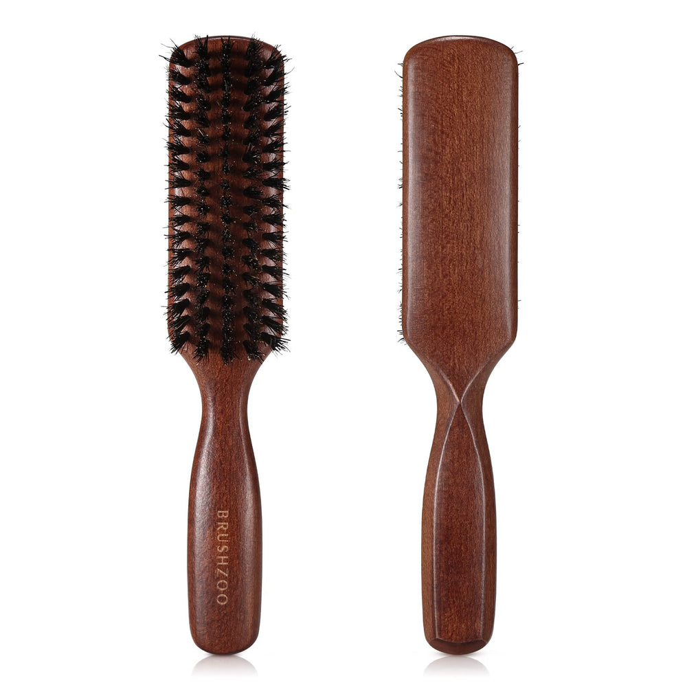 O BRUSHZOO hair brush with wood handle glides through hair for detangling and shine.