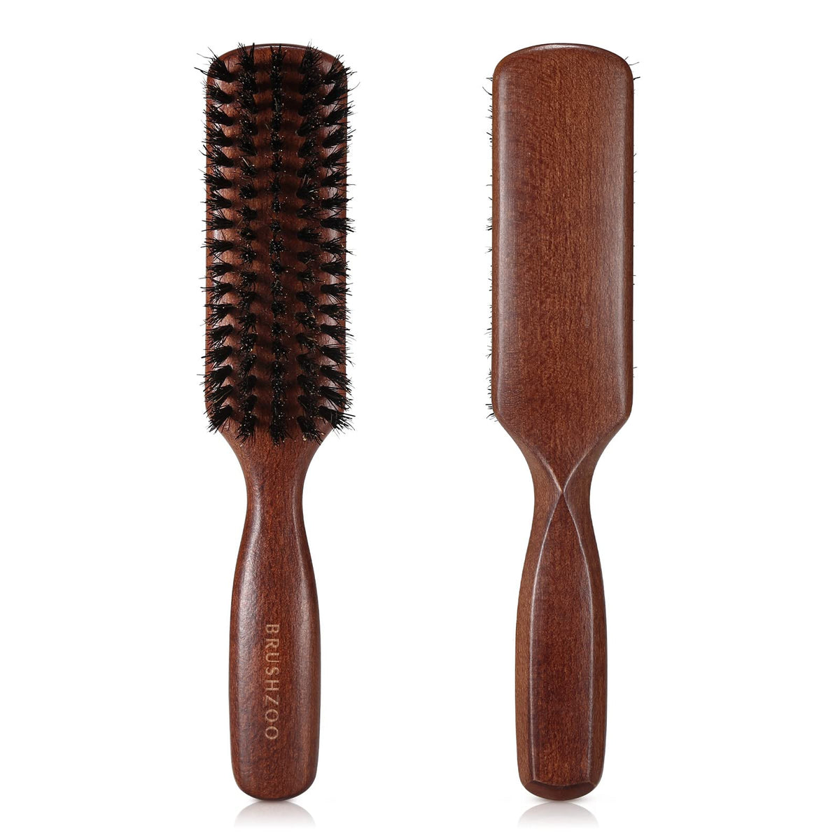 O BRUSHZOO hair brush with wood handle glides through hair for detangling and shine.
