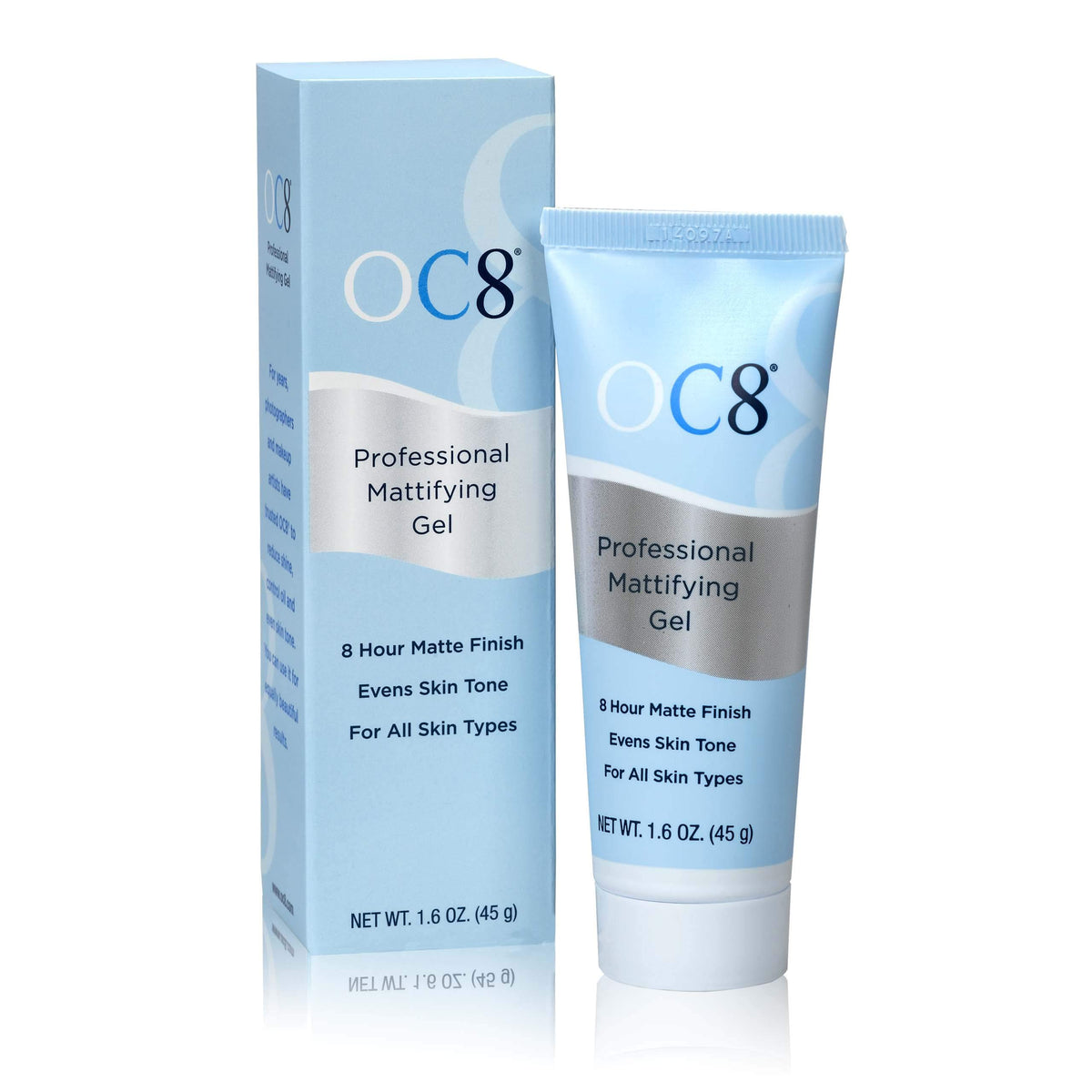 OC8 bottle close-up showing anti-shine gel for all-day oil control.
