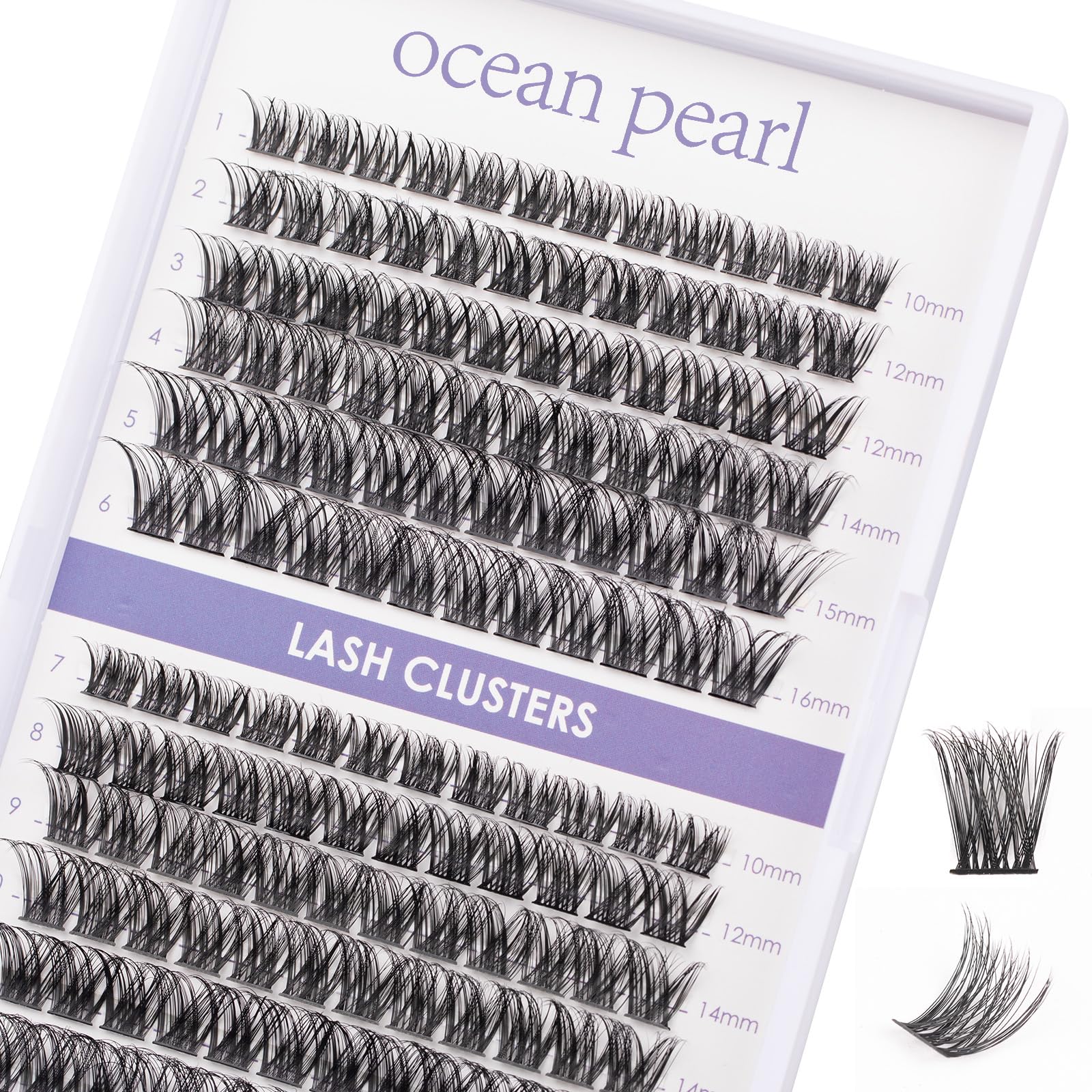 Ocean Pearl Lash Clusters tray closeup highlights 144 pcs for customizable natural-to-dramatic lash looks