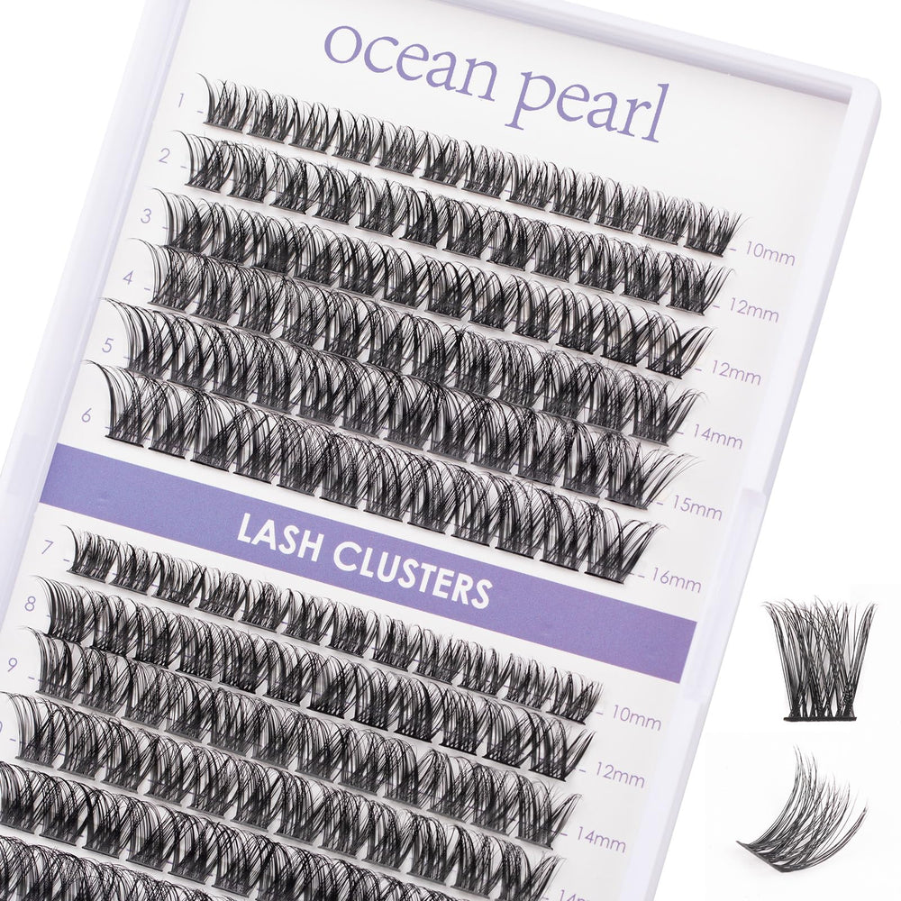 Ocean Pearl Lash Clusters tray closeup highlights 144 pcs for customizable natural-to-dramatic lash looks
