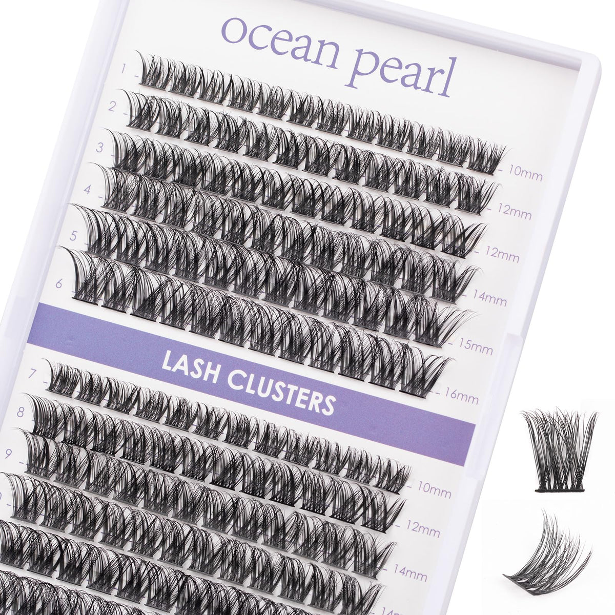 Ocean Pearl Lash Clusters tray closeup highlights 144 pcs for customizable natural-to-dramatic lash looks