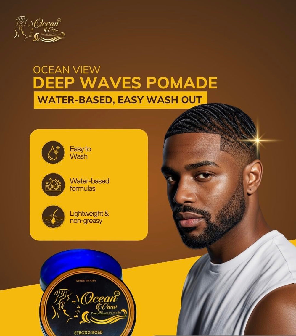 Styling with Ocean View Deep Waves Pomade to highlight defined hair.
