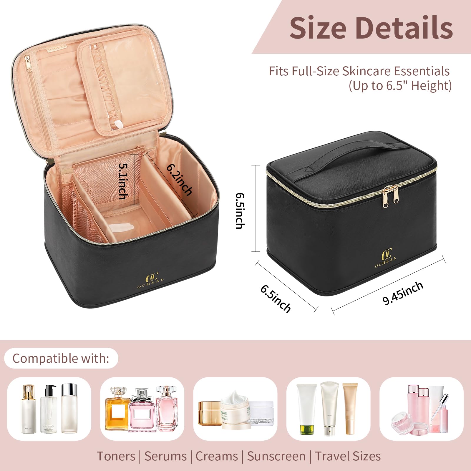 OCHEAL travel makeup bag with dimensions 9x7x7 inches providing roomy storage