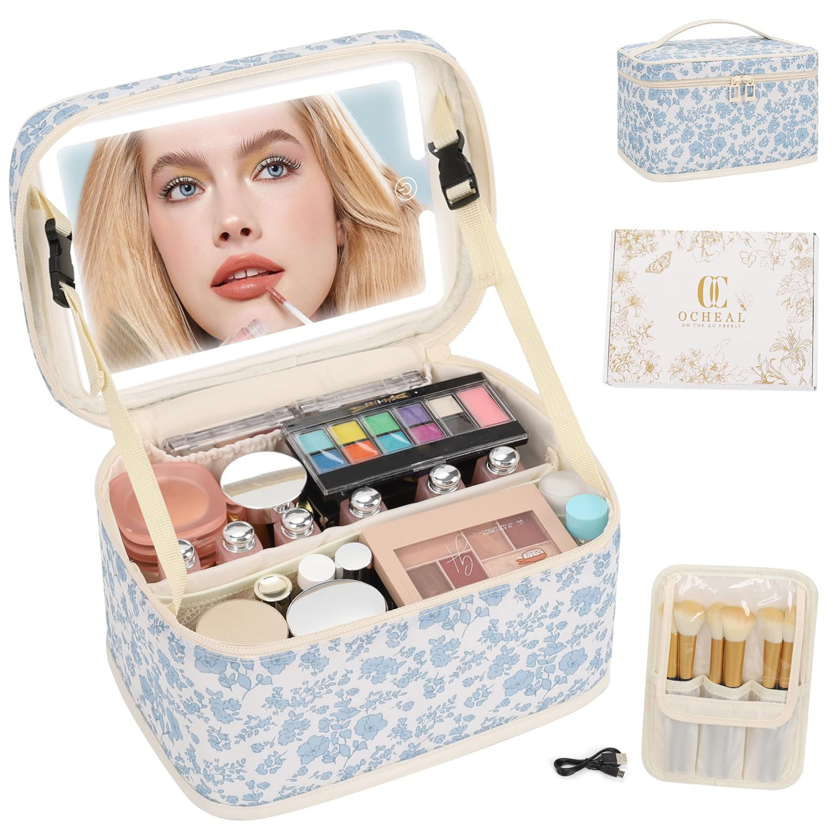 OCHEAL makeup bag with LED mirror closed view for on-the-go touch-ups.