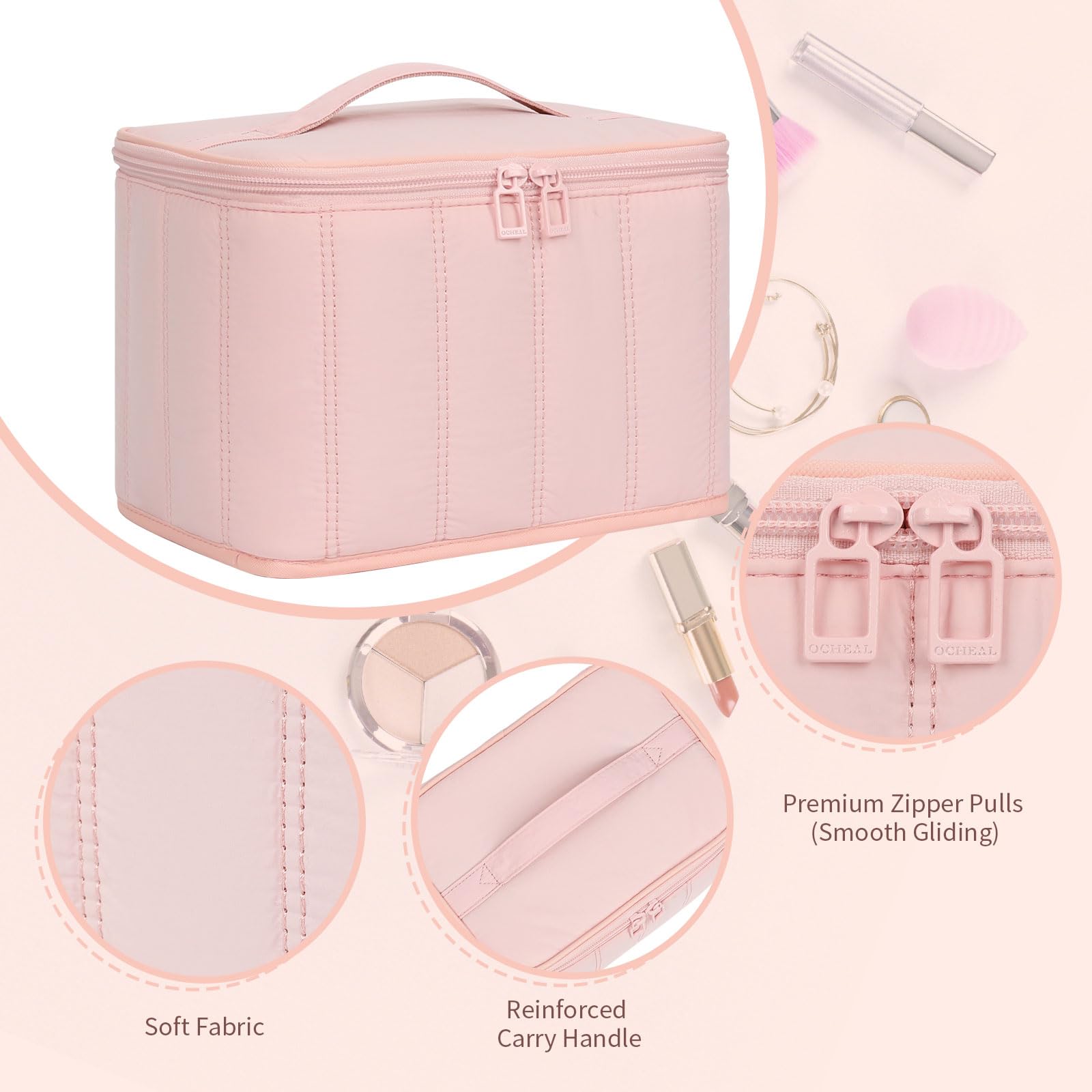 OCHEAL travel makeup bag with divider keeps cosmetics separated.