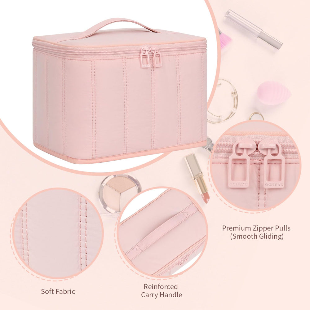 OCHEAL travel makeup bag with divider keeps cosmetics separated.