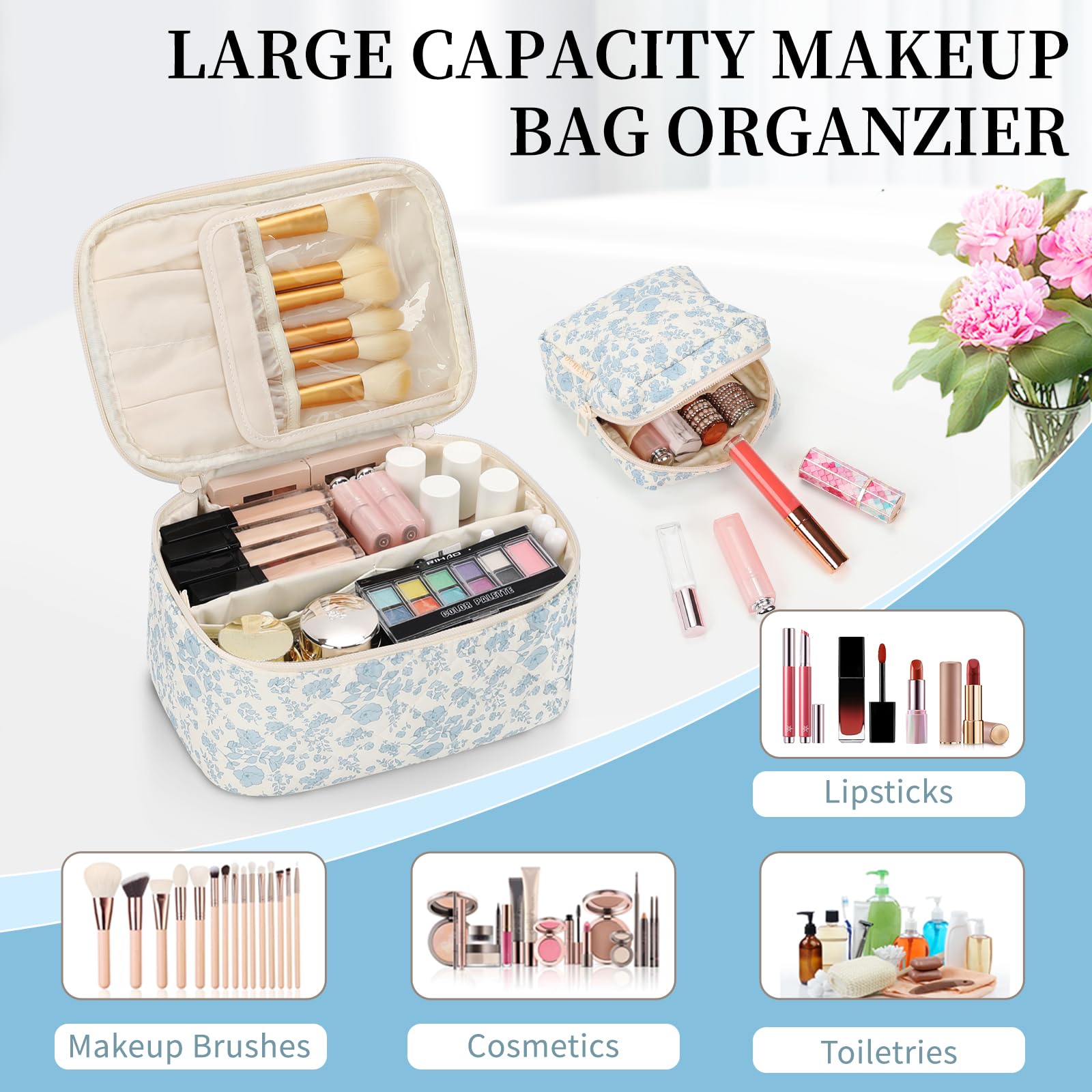 OCHEAL makeup bag set large bag interior reveals organized dividers for brushes and bottles
