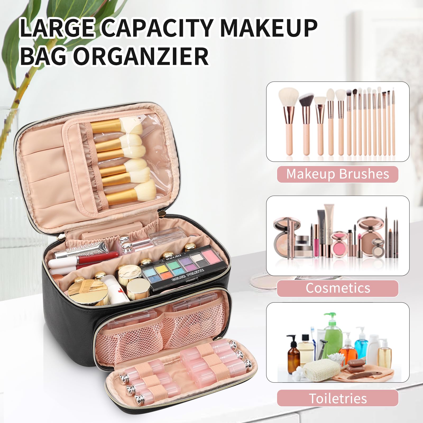 OCHEAL makeup bag travel compartment fits bottles and palettes for compact trips