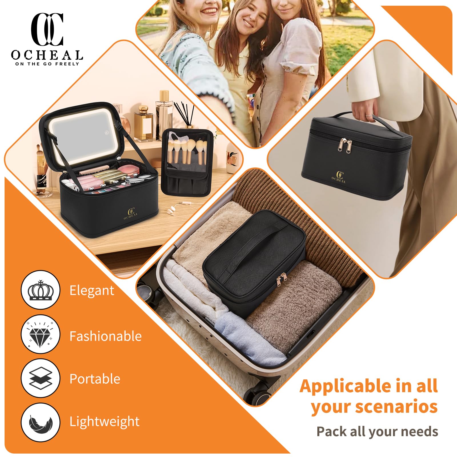 OCHEAL makeup bag two-way zippers for smooth access
