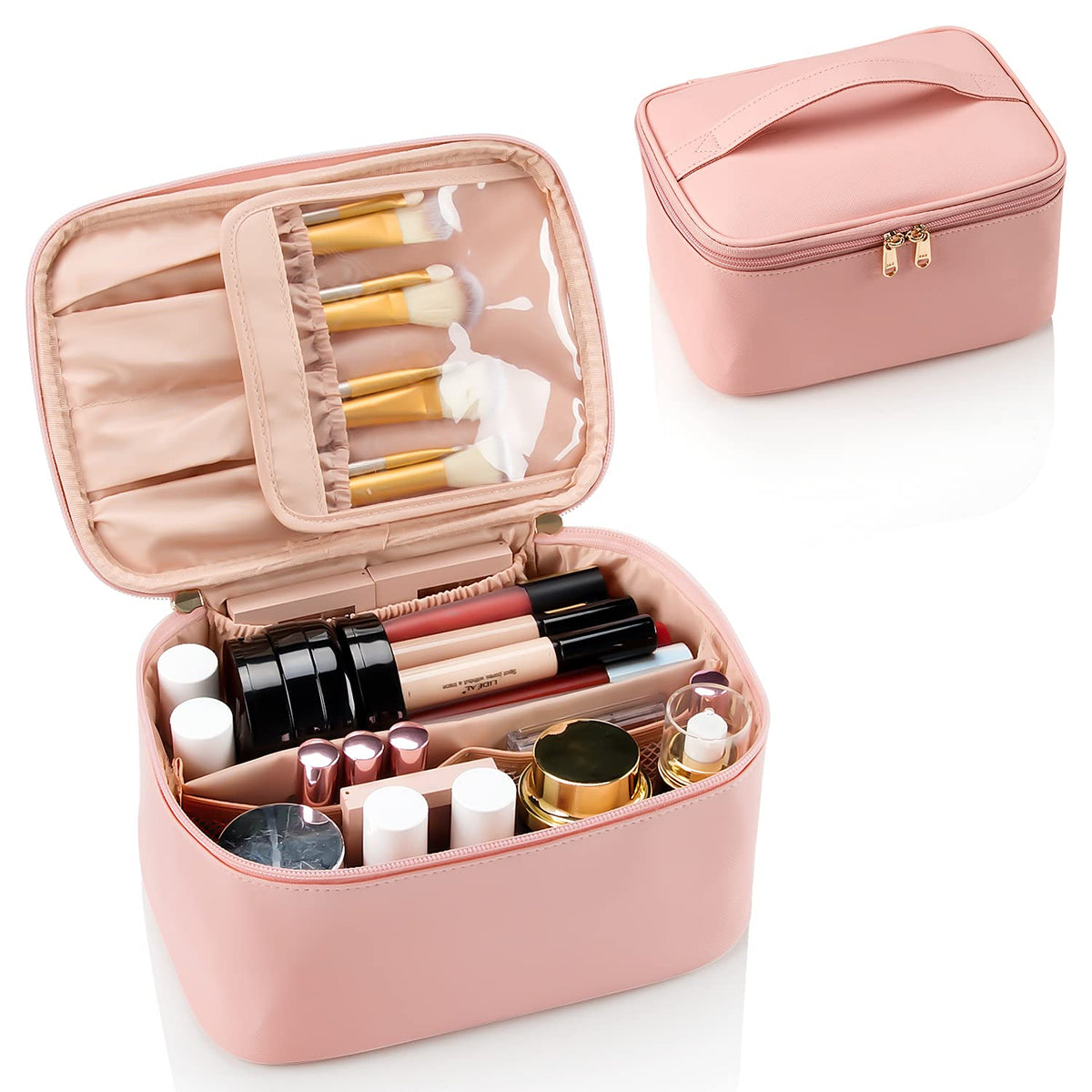 OCHEAL pink makeup bag with brush slot keeps brushes dust-free on the go.