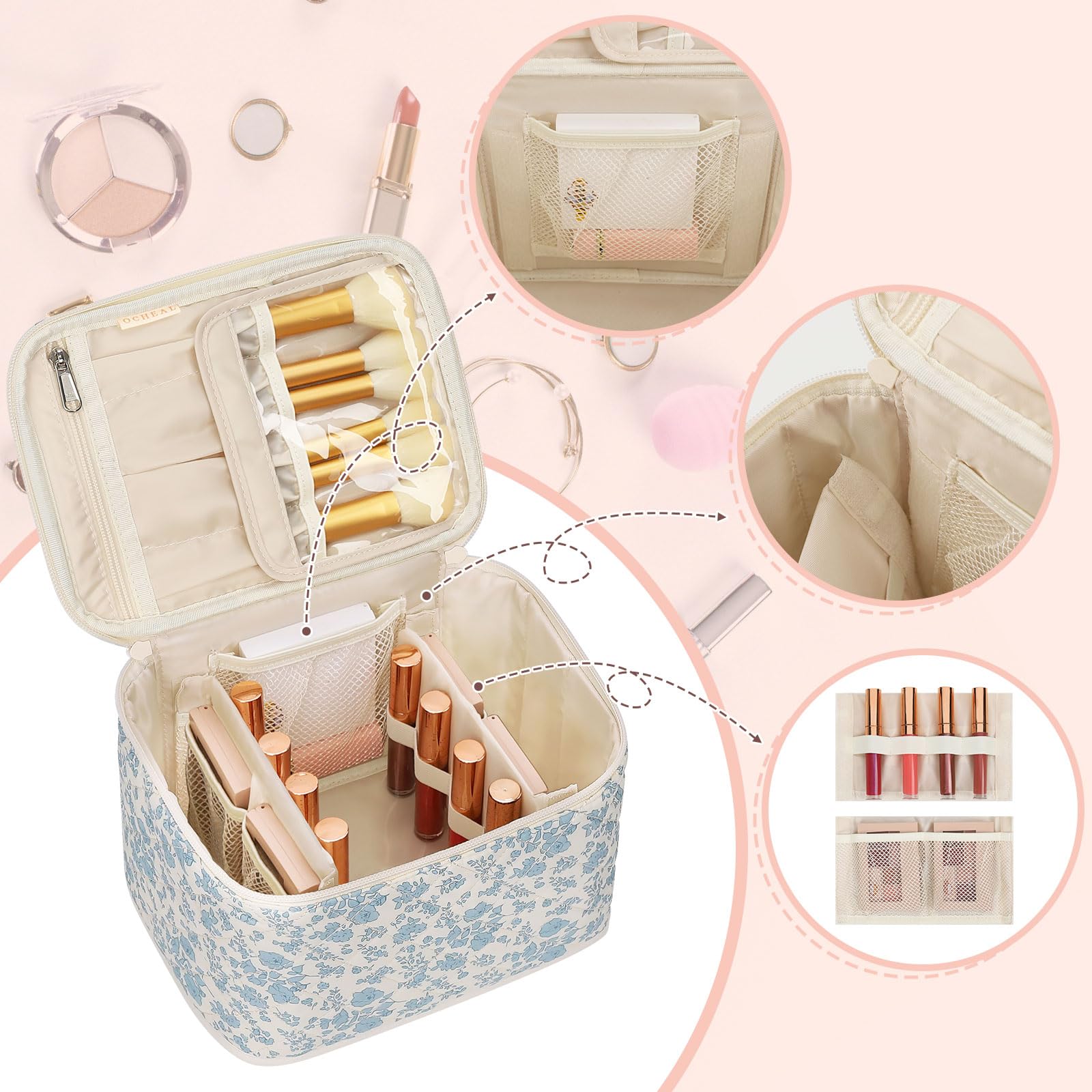 OCHEAL travel makeup bag open inside showing multiple compartments