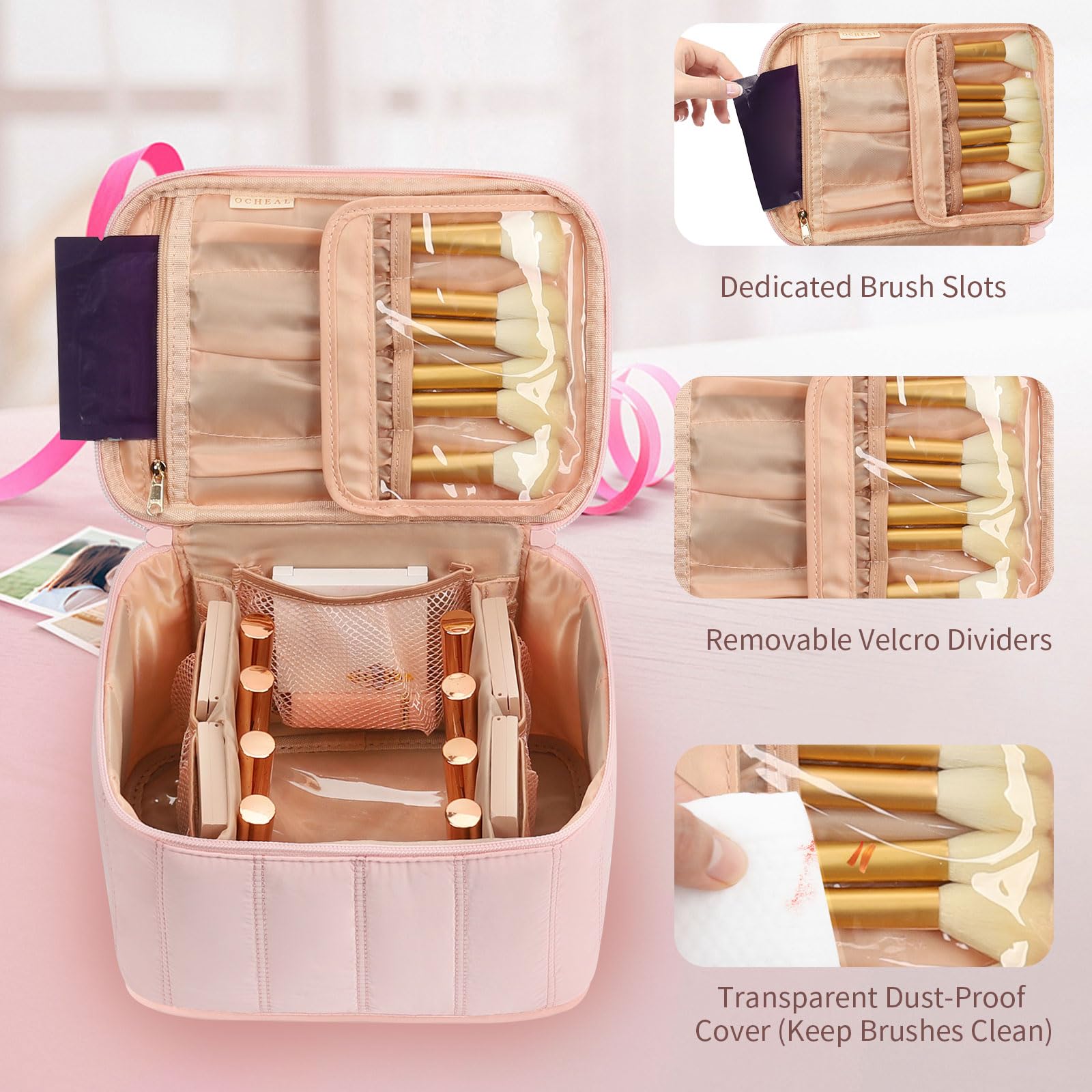 OCHEAL travel toiletry bag with dust-proof design for brushes and masks.
