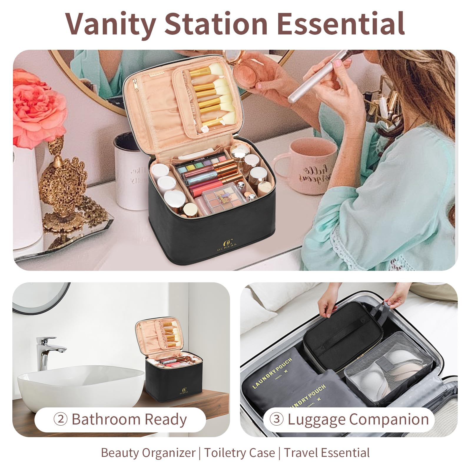 OCHEAL travel makeup bag two-way zippers enable easy access during travel