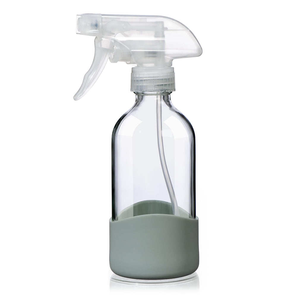 OCMML 8oz clear glass spray bottle with silicone sleeve shows liquid level for easy refills.