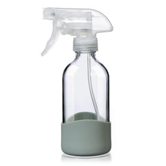 OCMML 8oz clear glass spray bottle with silicone sleeve shows liquid level for easy refills.