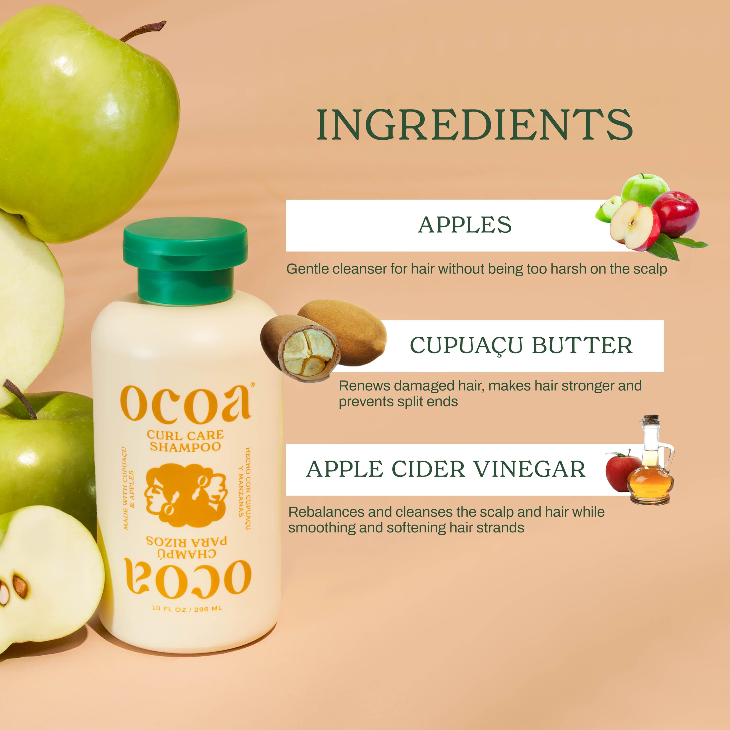 OCOA Curl Care Shampoo with apples and cupuaçu provides moisture retention for dry curls