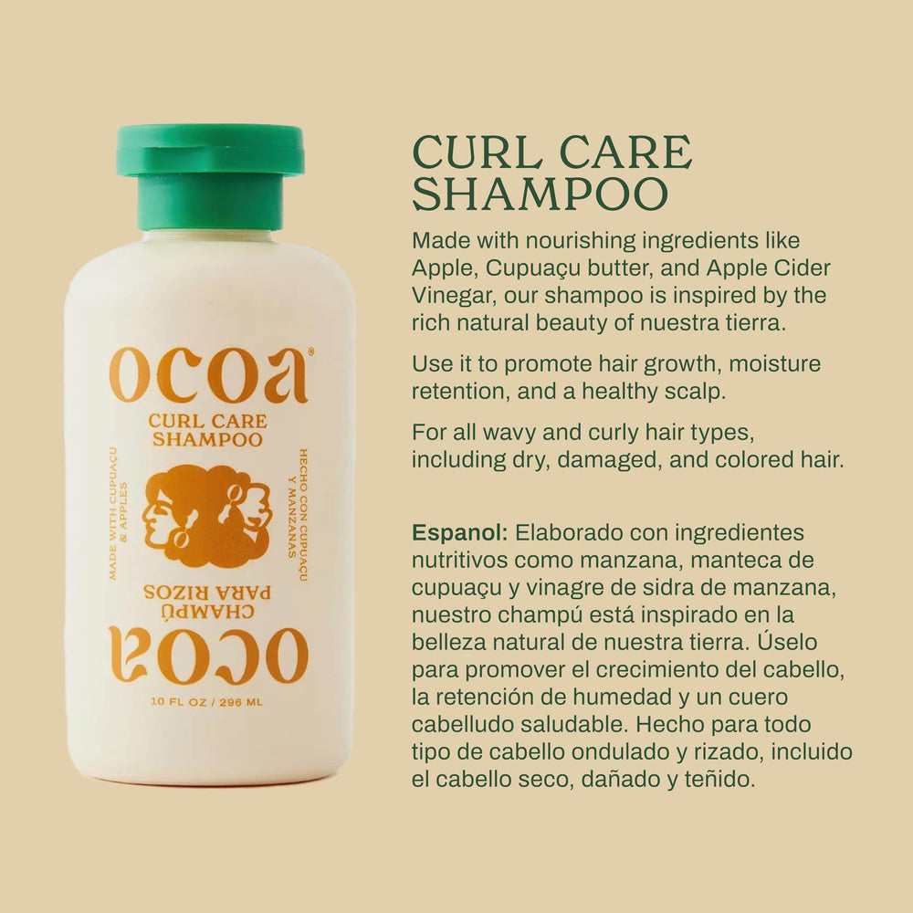 OCOA Curl Care Shampoo label detail highlights apple and cupuaçu for hydration and shine