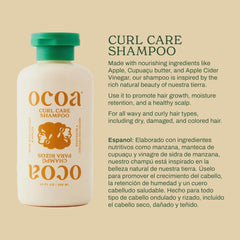 OCOA Curl Care Shampoo label detail highlights apple and cupuaçu for hydration and shine