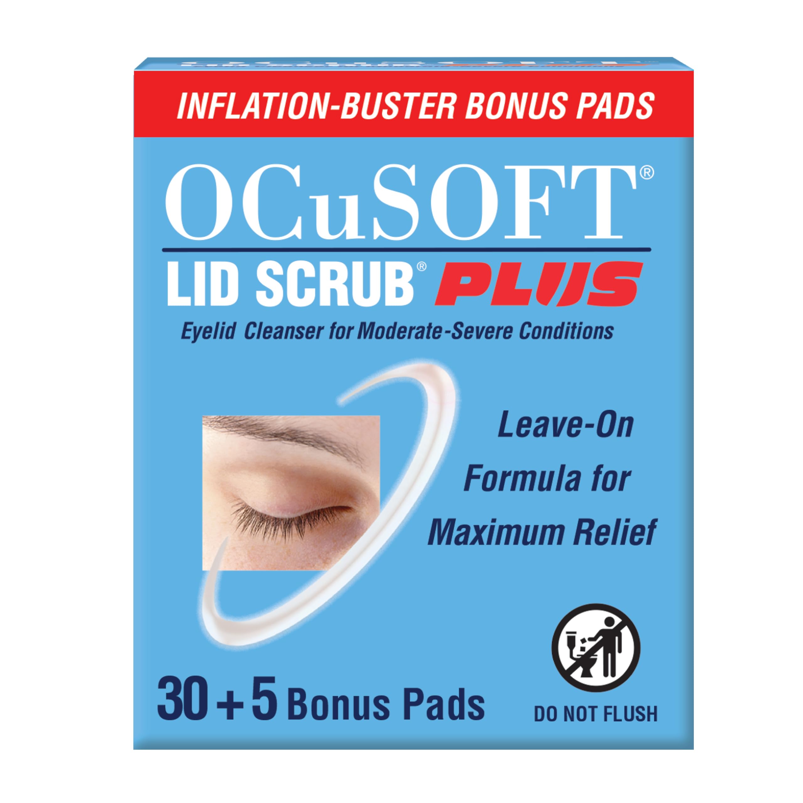 OCuSOFT Lid Scrub PLUS packaging shows 35-count box of pre-moistened eyelid wipes for convenience.