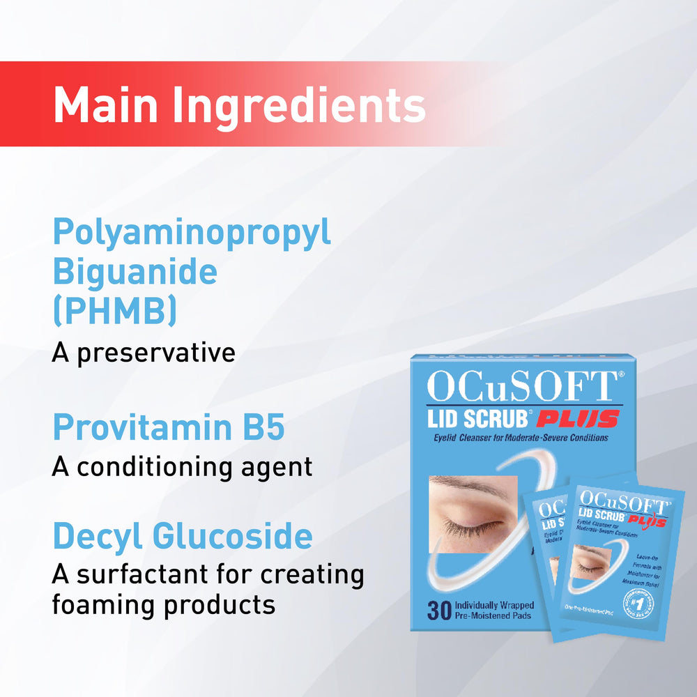 OCuSOFT Lid Scrub PLUS tearless formula pad in use on eyelids for sensitive skin.