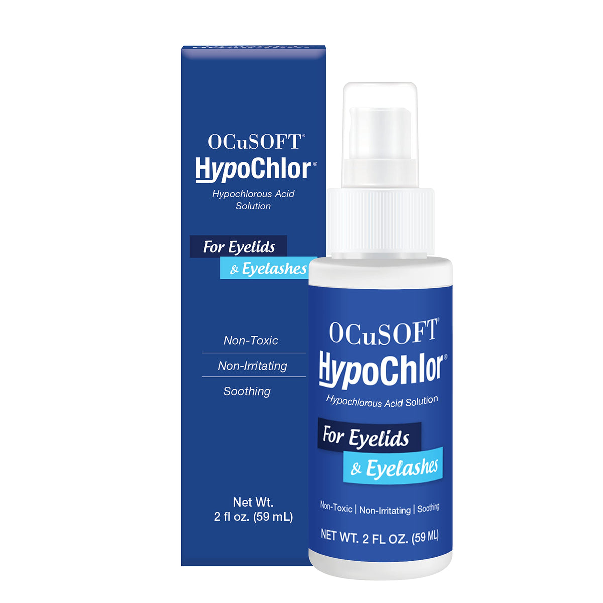 OCuSOFT HypoChlor spray bottle for gentle eyelid cleansing on sensitive skin.