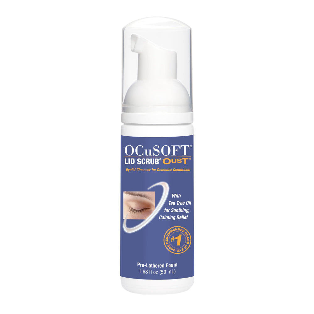OCuSOFT Oust Demodex Foam Cleanser bottle shows gentle eyelid cleansing and debris removal.