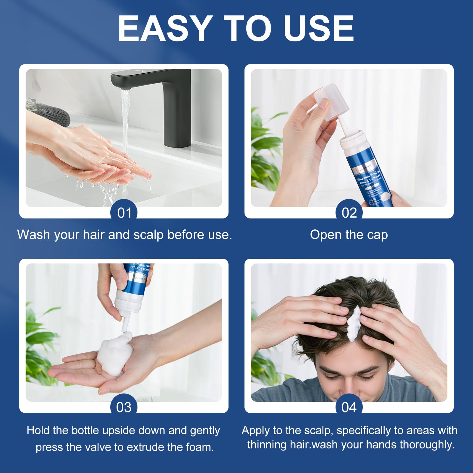 OCVWJKD unisex minoxidil foam application on hands for scalp care