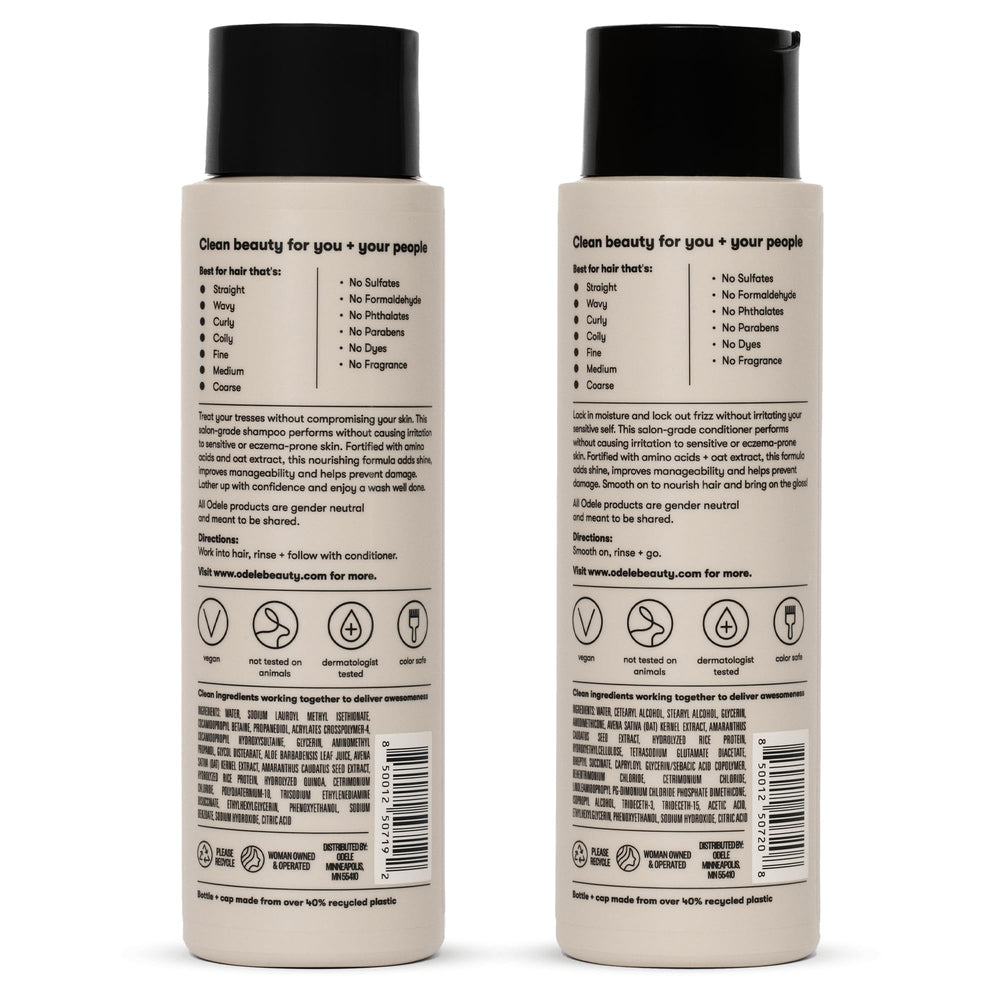 Odele 2-pack display featuring shampoo and conditioner for all hair types