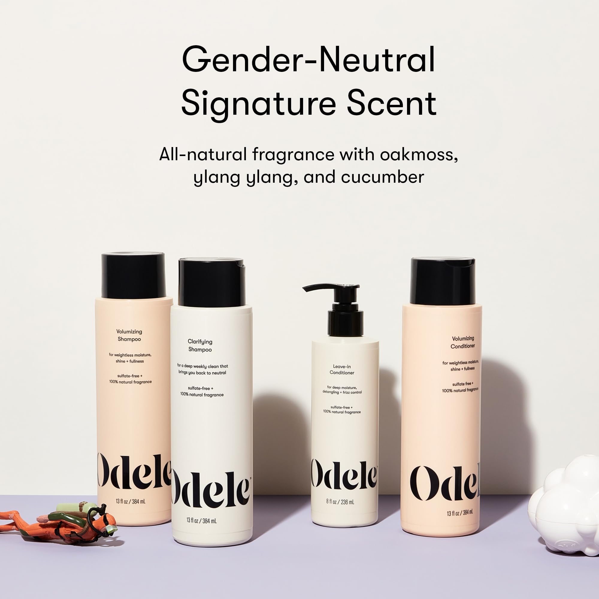 Odele Clarifying Shampoo on bathroom shelf shows color-safe cleansing after chlorine exposure