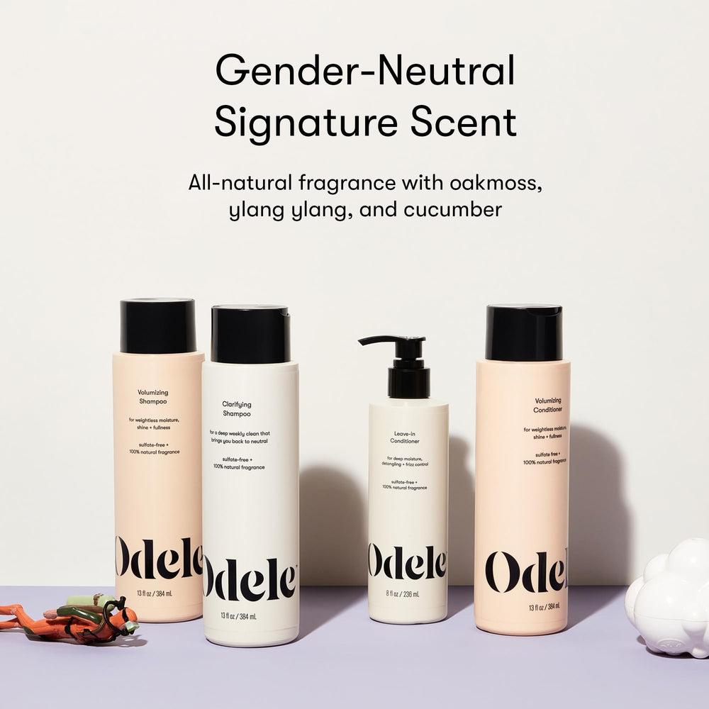 Odele Clarifying Shampoo on bathroom shelf shows color-safe cleansing after chlorine exposure