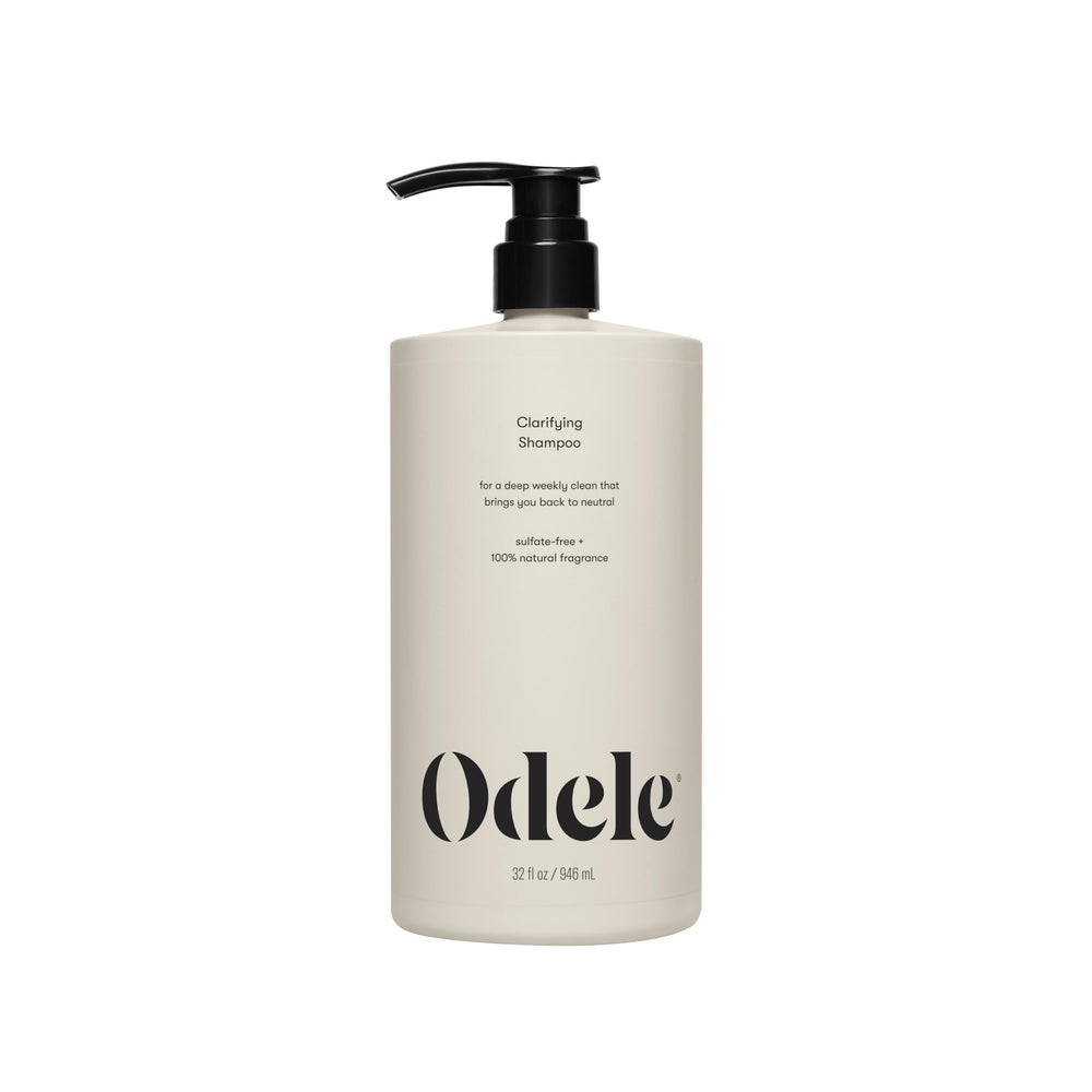 Odele Clarifying Shampoo bottle ready for a weekly deep cleanse.