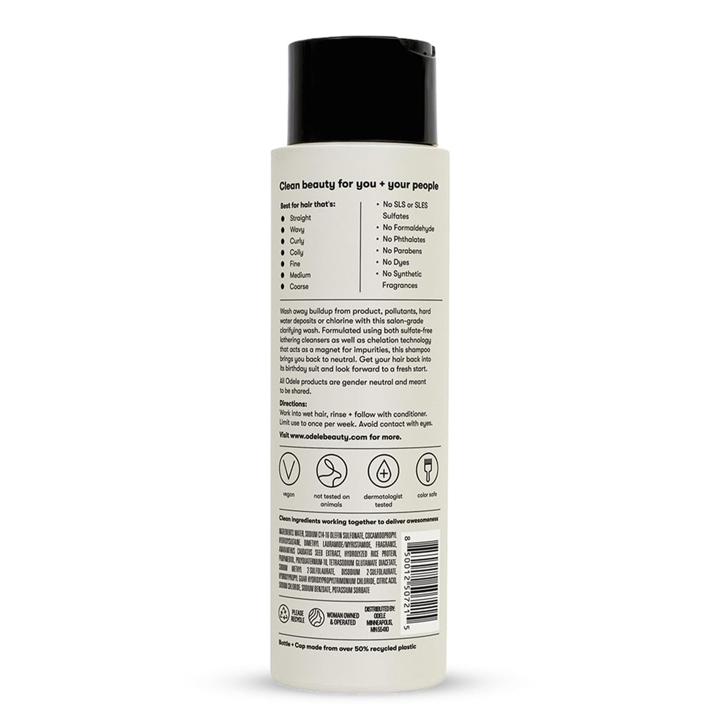 Odele Clarifying Shampoo thirteen-ounce bottle sized for travel-friendly weekly routine