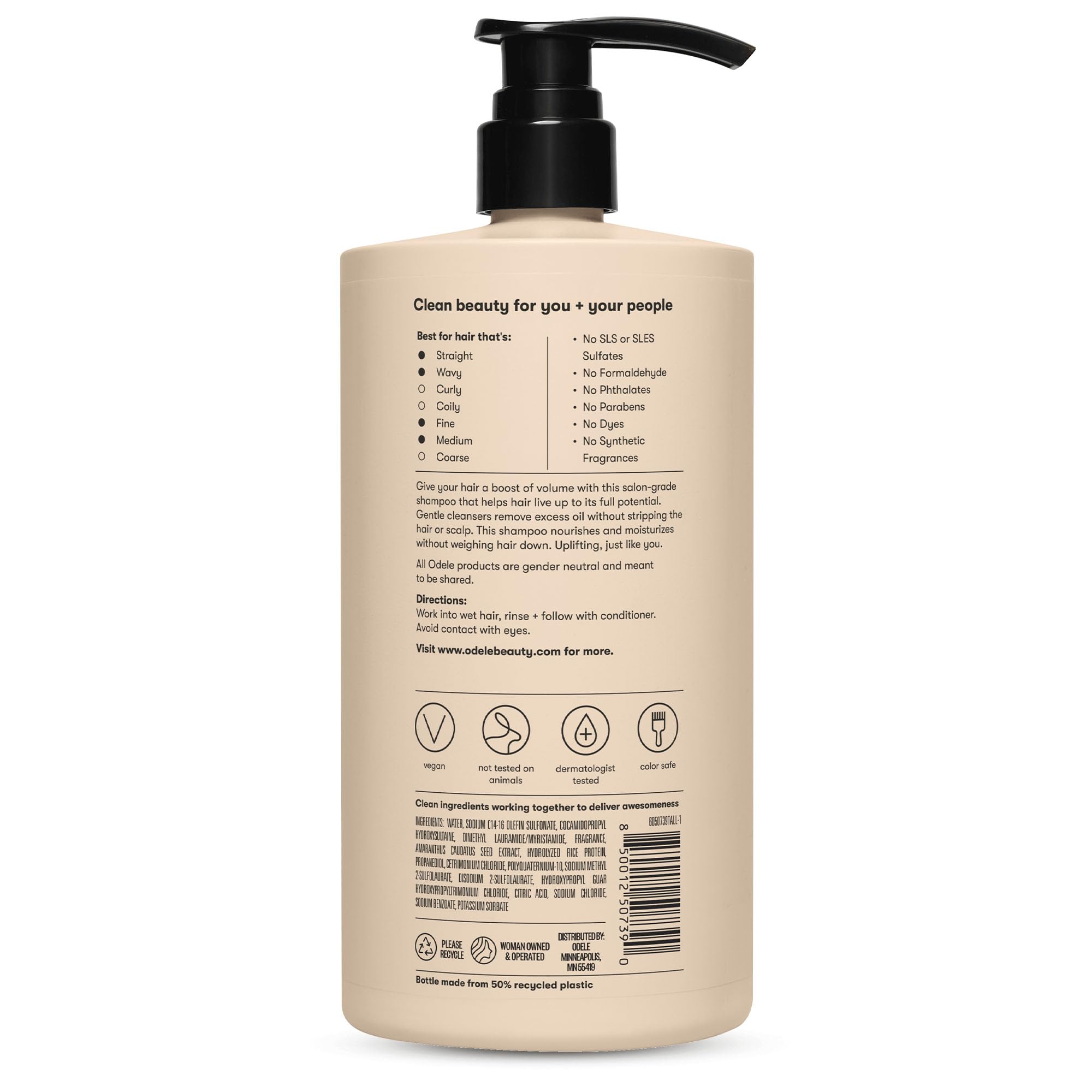Odele color-safe vegan cruelty-free badge highlights ethical, color-friendly cleansing