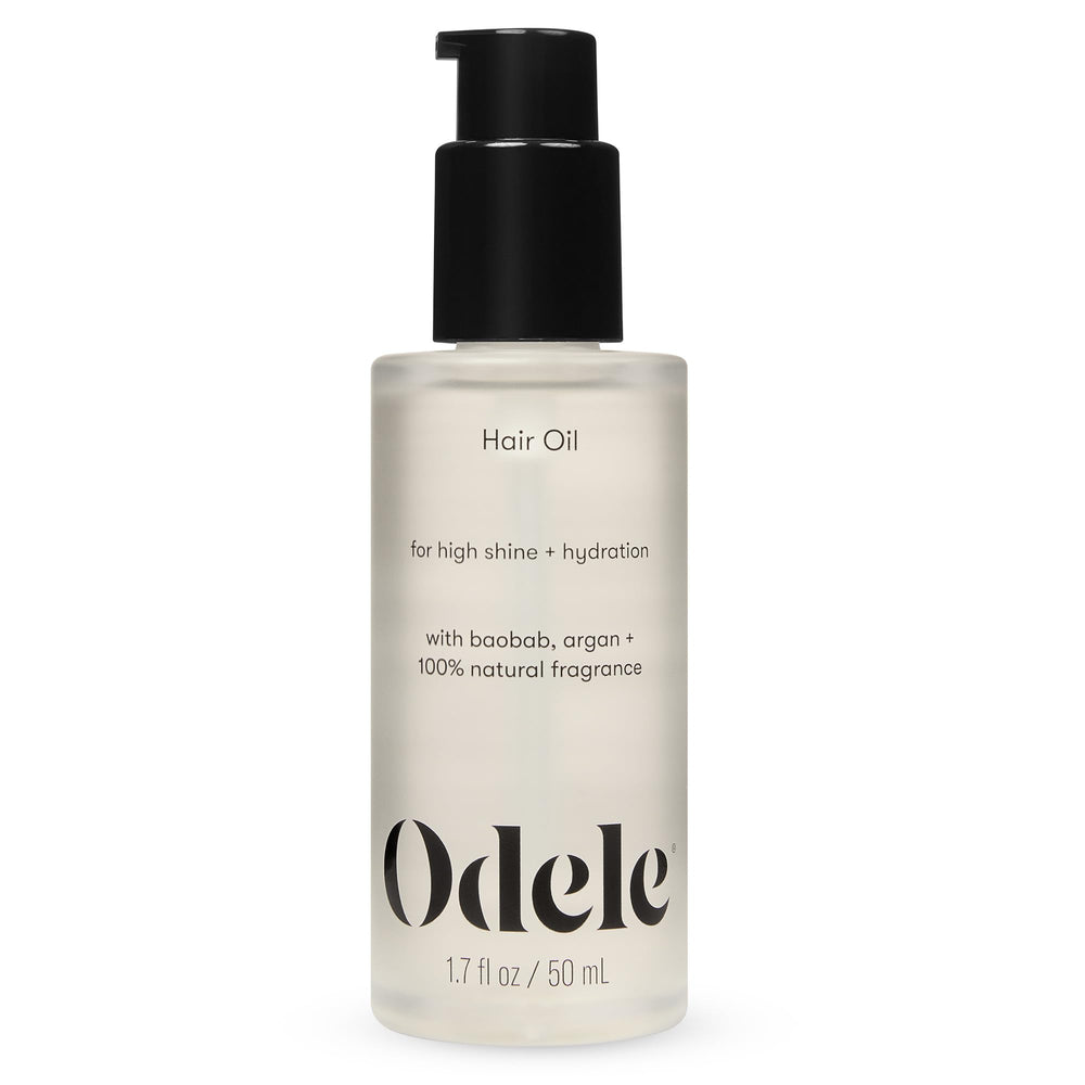 Odele hair oil bottle top view highlighting sleek packaging and lightweight hydration