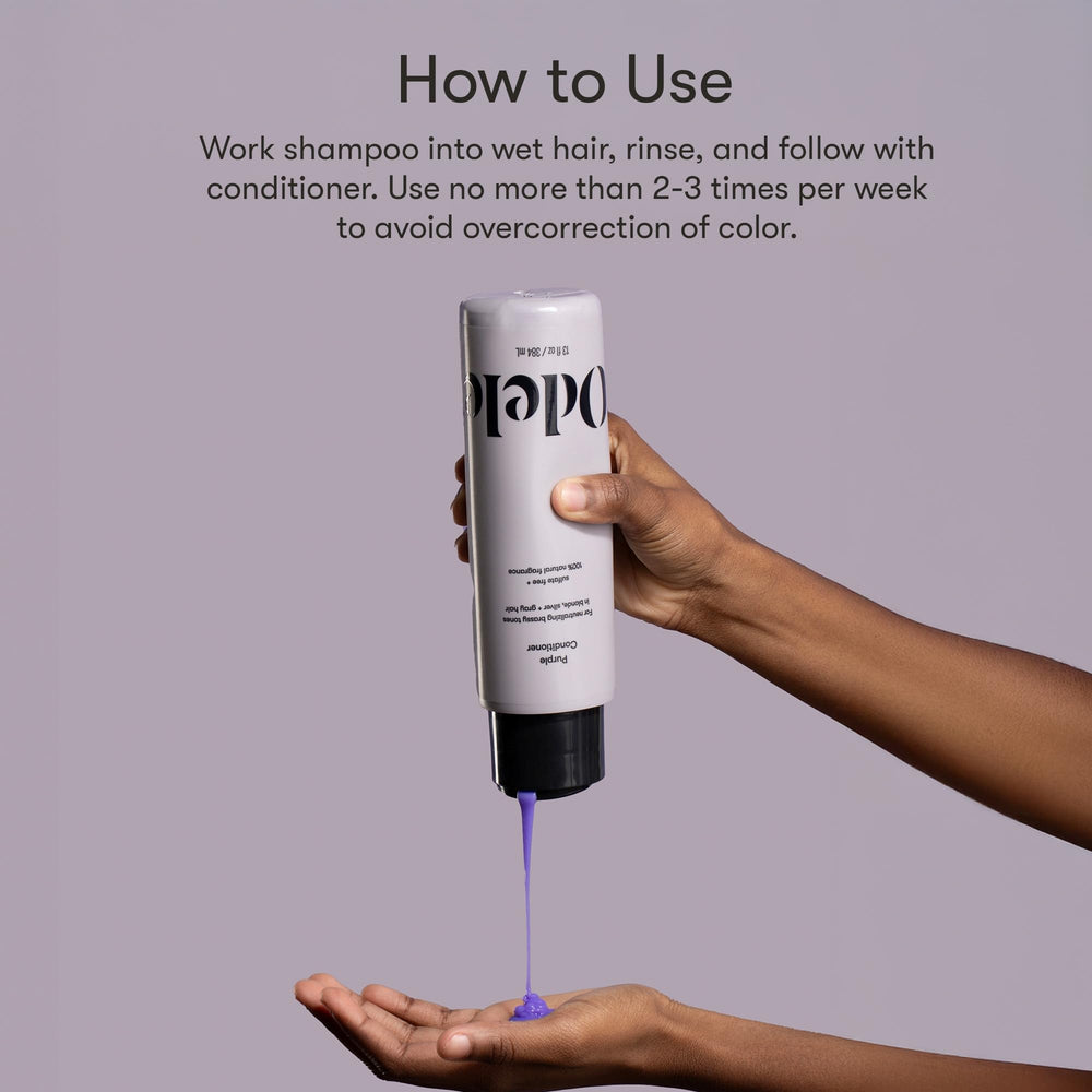 Odele Purple Shampoo label close-up emphasizes brass-neutralizing pigments.