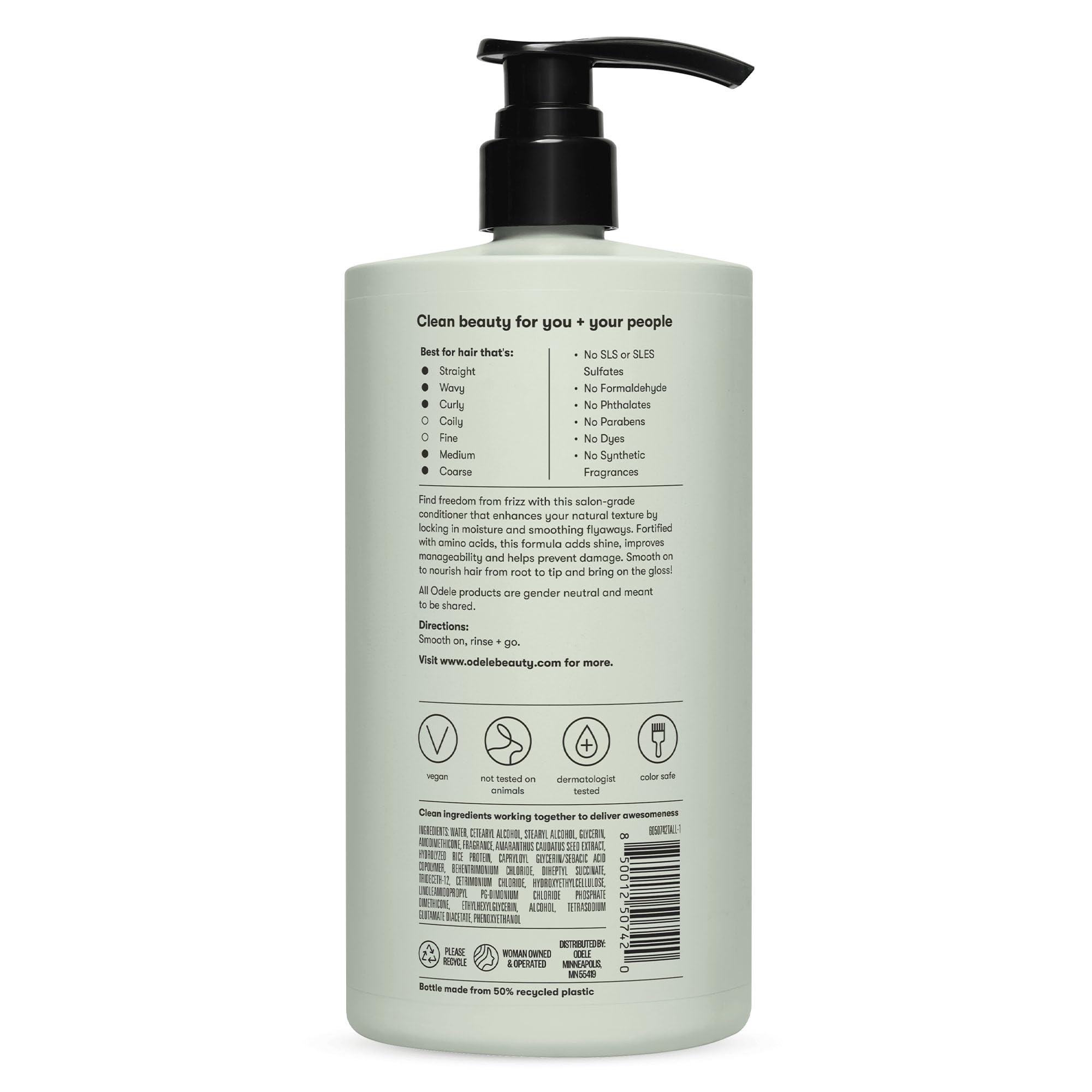 Odele Smoothing Conditioner packaging in vanity setup highlighting cruelty-free claim