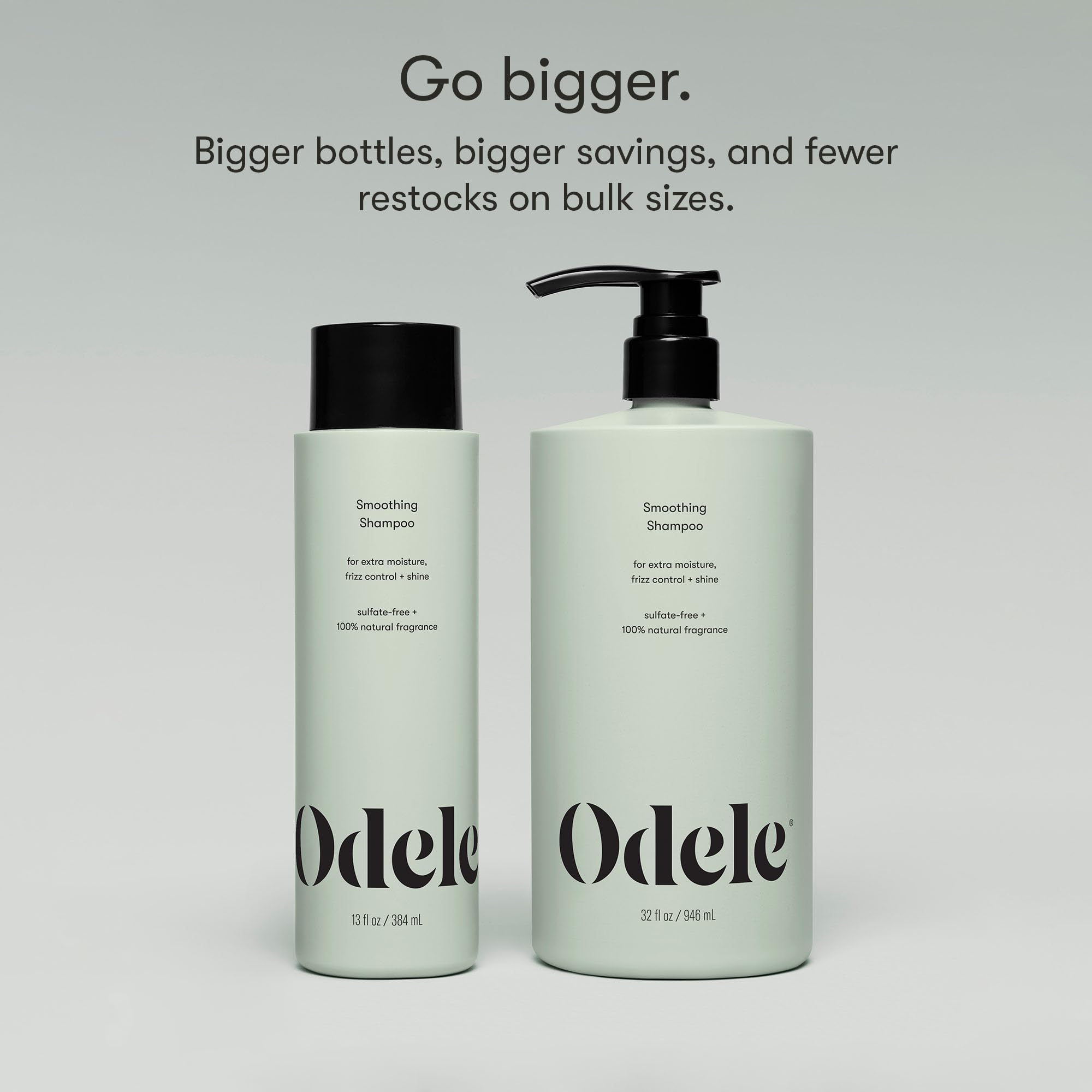 Odele Smoothing Shampoo bottle in bathroom setting suitable for daily hydration.