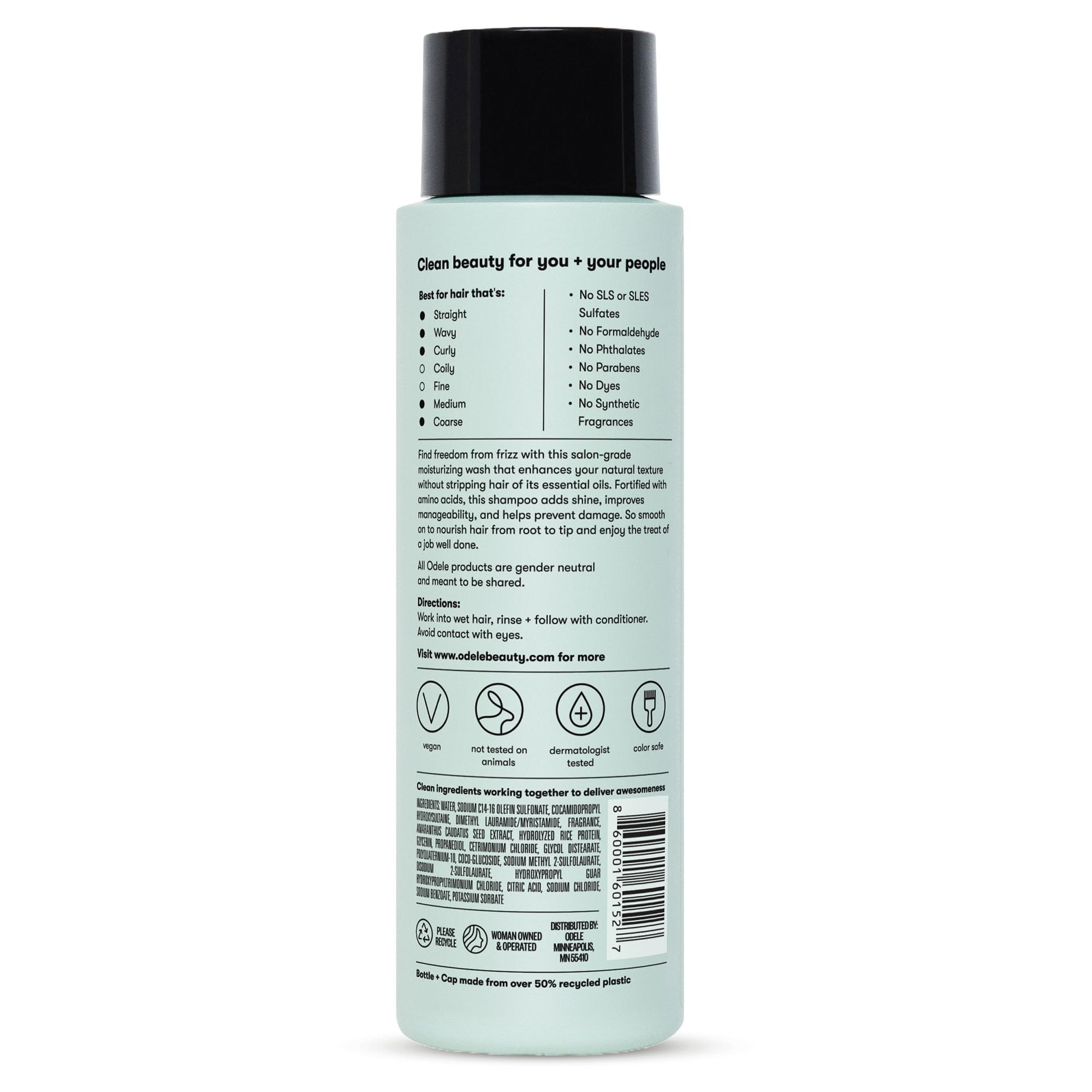 Odele smoothing shampoo packaging with vegan and cruelty-free icons communicates ethical brand