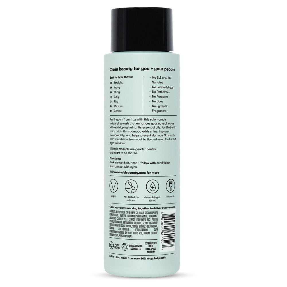 Odele smoothing shampoo packaging with vegan and cruelty-free icons communicates ethical brand