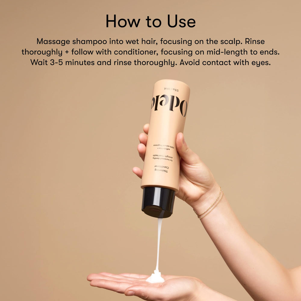 Odele Thickening Conditioner pump close-up highlights simple routine
