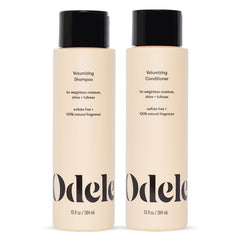 Odele volumizing shampoo bottle showcasing silkiness and shine.