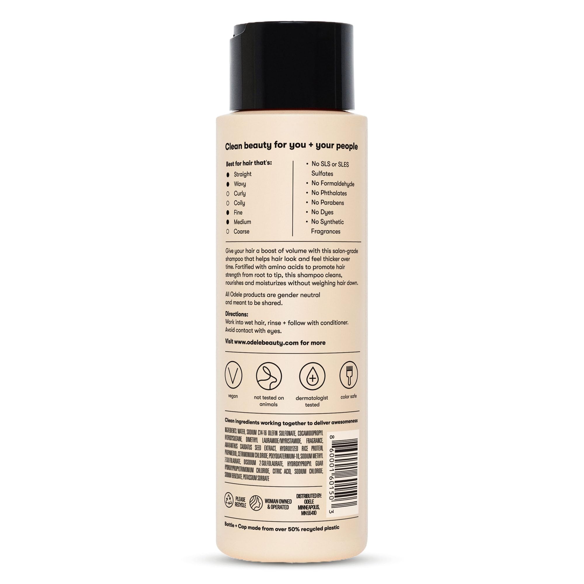 Odele Volumizing Shampoo packaging emphasizes color-safe, vegan, cruelty-free attributes