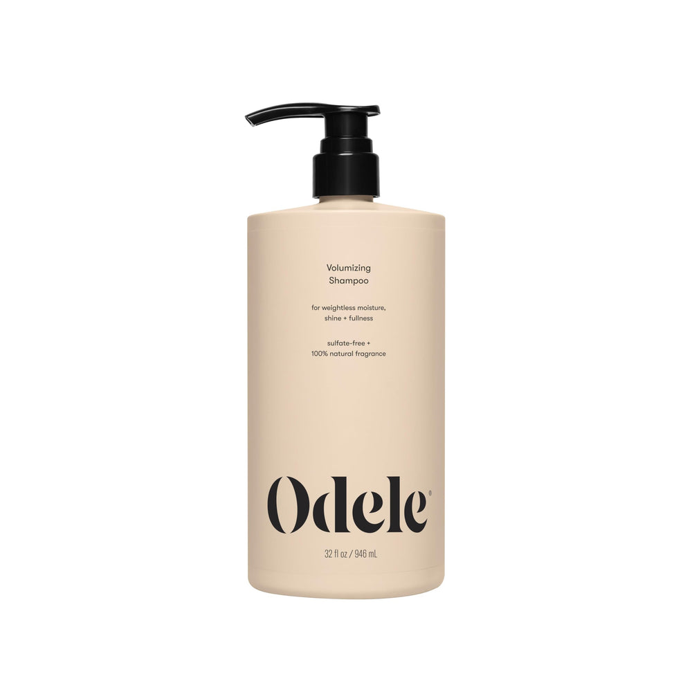 Odele volumizing sulfate-free shampoo bottle front shows weightless moisture for fine or oily hair