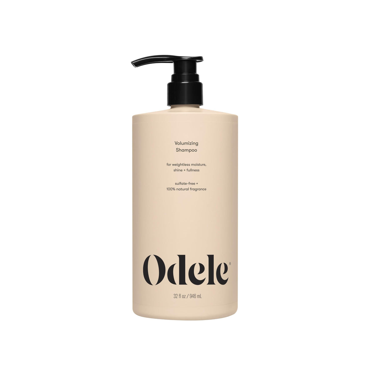 Odele volumizing sulfate-free shampoo bottle front shows weightless moisture for fine or oily hair