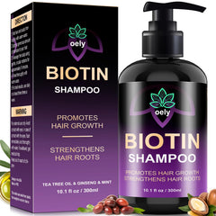 oely biotin hair growth shampoo bottle demonstrates root-strengthening potential for thicker-looking hair
