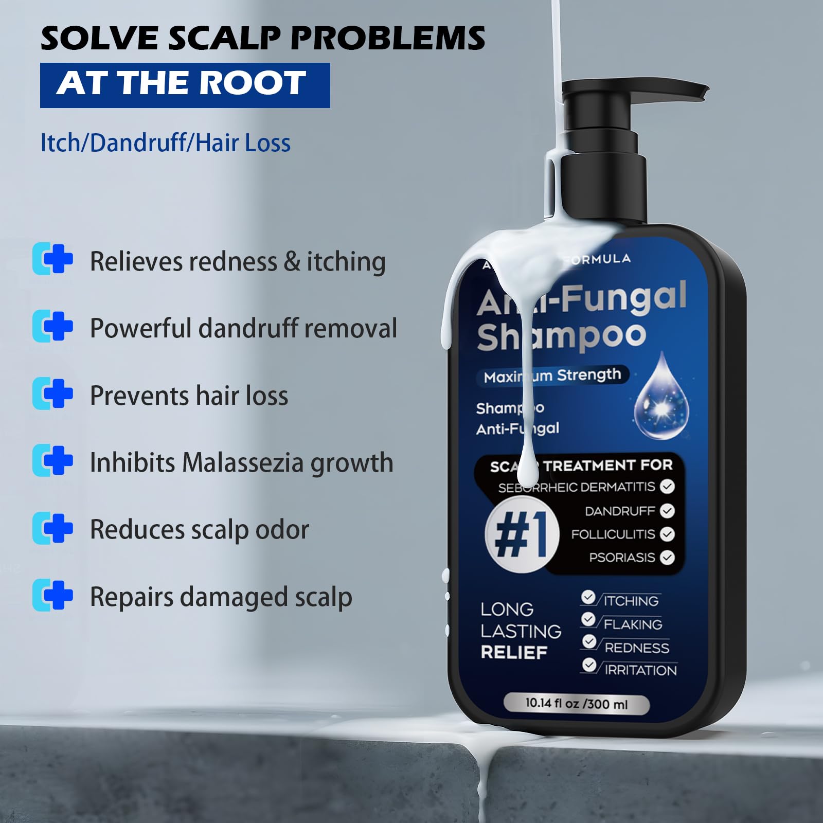 Oely long-lasting dandruff control visual suggests extended relief.