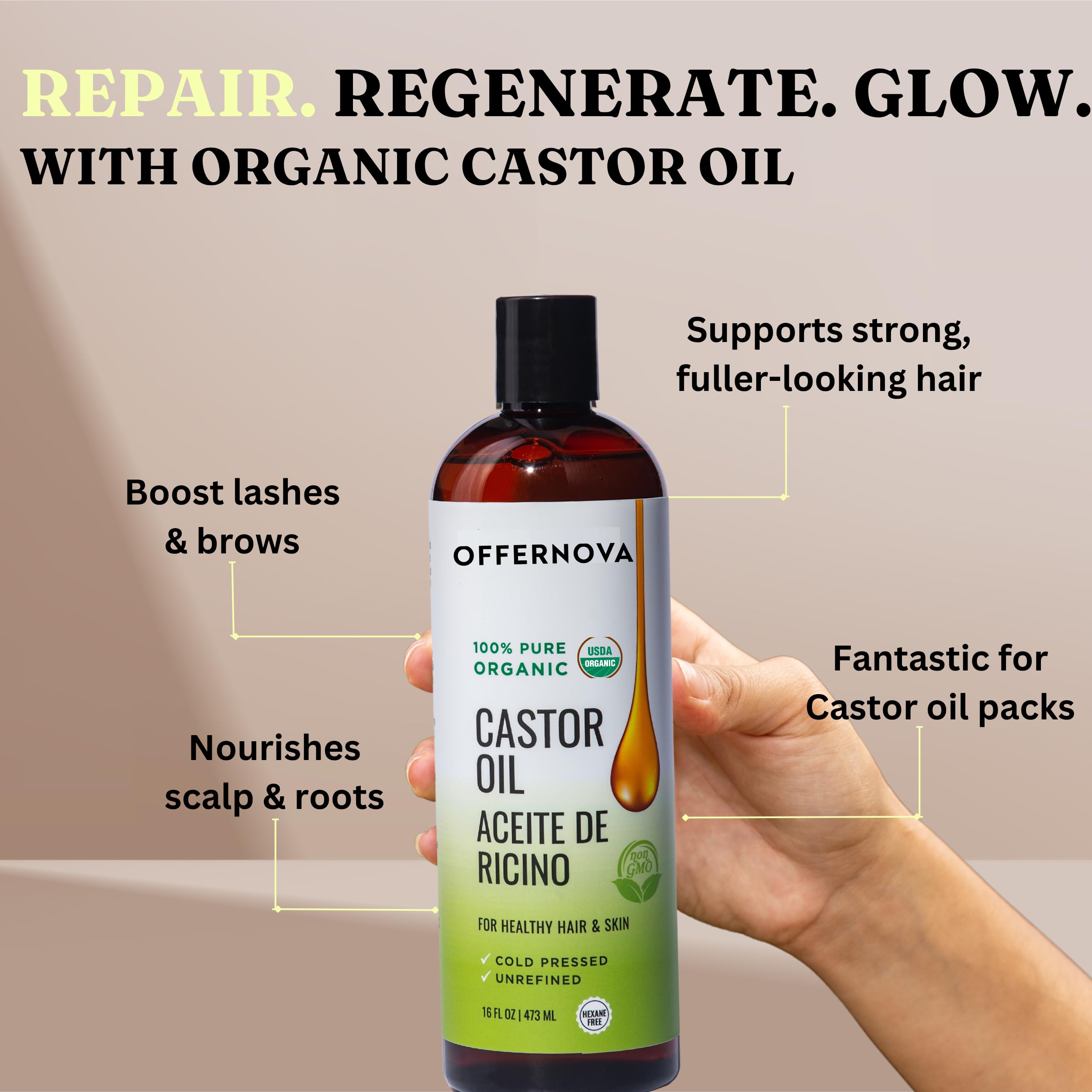 Offernova Castor Oil hair shine improves hair luster and manageability