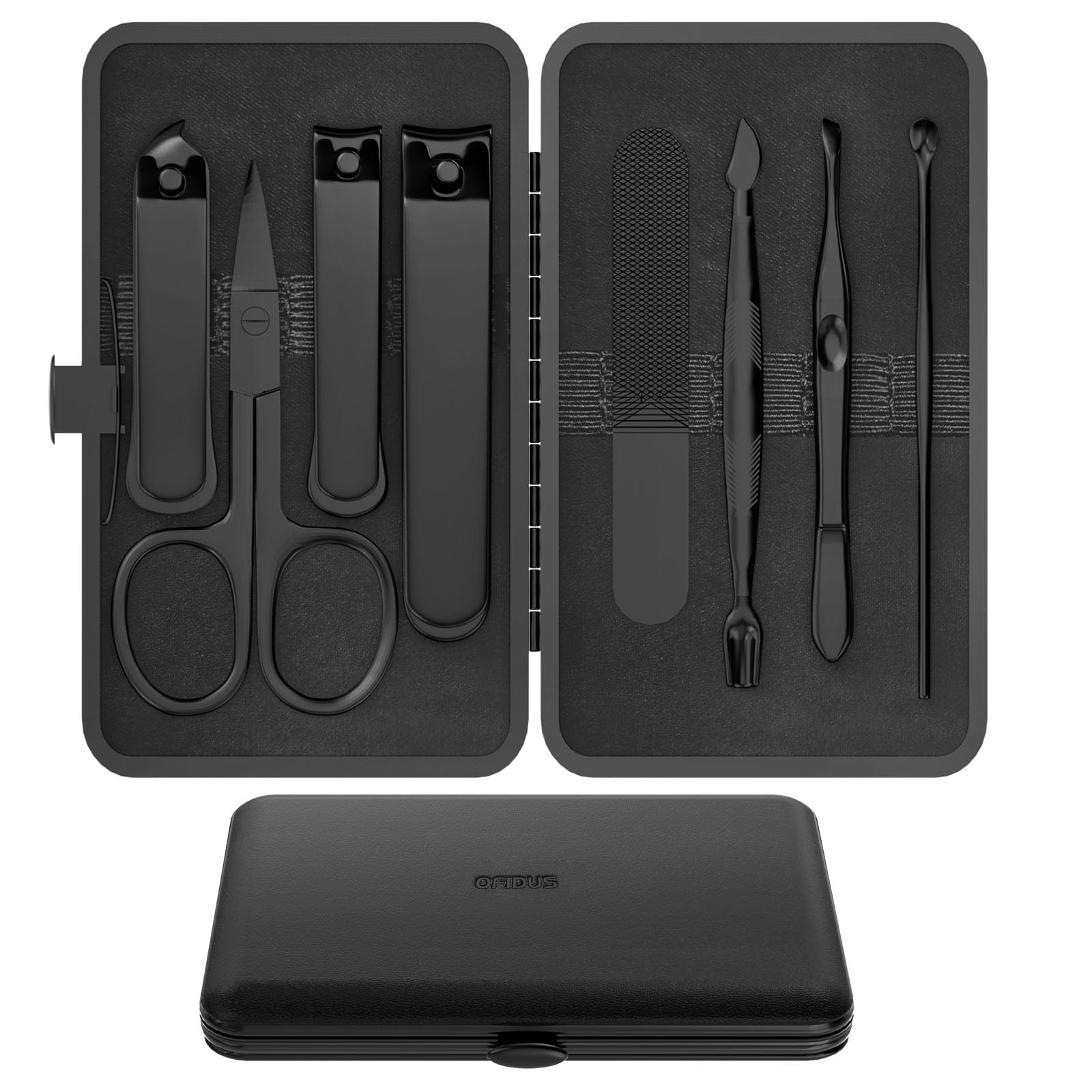 OFIDUS Precision 8-Piece travel kit case-open showing compact leather case for on-the-go grooming.