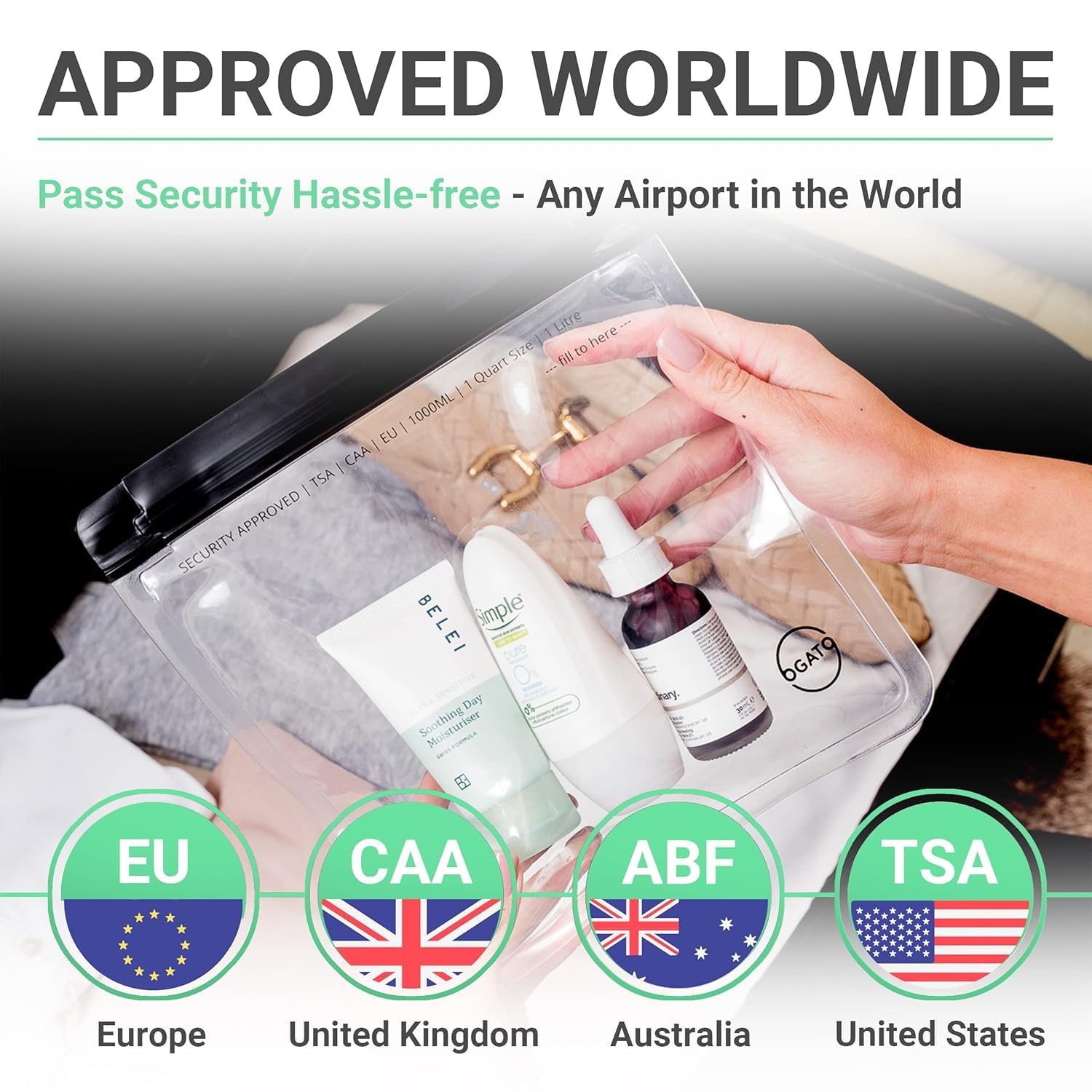 Ogato quart-size travel bags closed showing transparency for quick bottle identification